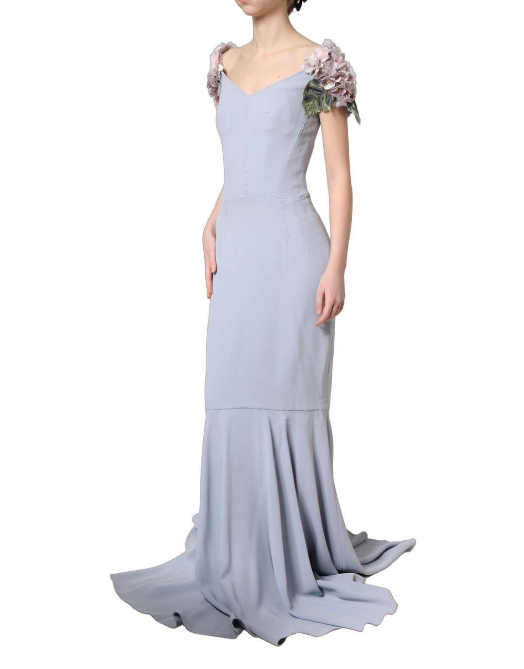 Dolce &amp; Gabbana Light Blue Hydrangea Embellished Cap Sleeve Dress