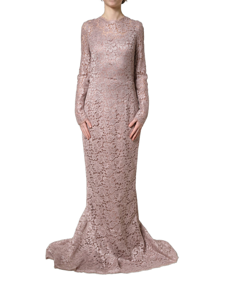 Dolce &amp; Gabbana Pink Lace Long Sleeves Evening Gown Dress