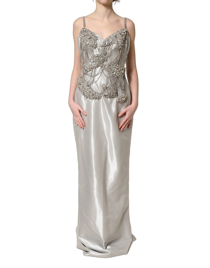 Dolce &amp; Gabbana Silver Crystal Embellished EveningGown Dress