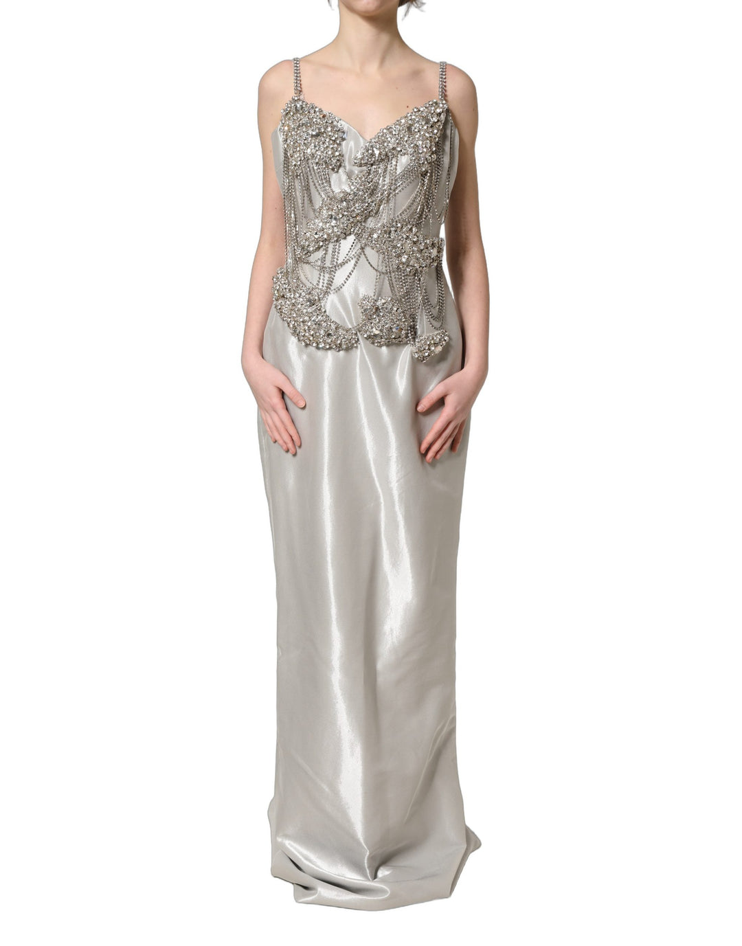 Dolce &amp; Gabbana Silver Crystal Embellished EveningGown Dress