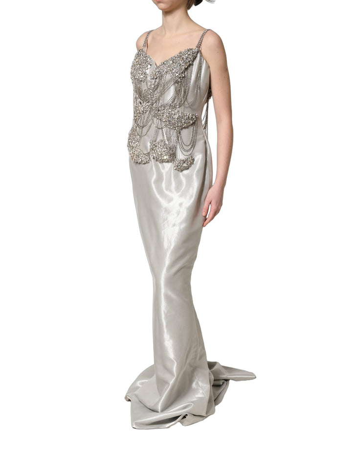 Dolce &amp; Gabbana Silver Crystal Embellished EveningGown Dress