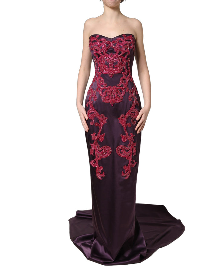 Dolce &amp; Gabbana Purple Silk Crystal Strapless Floor Length Gown Dress