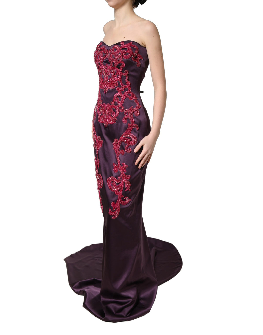 Dolce &amp; Gabbana Purple Silk Crystal Strapless Floor Length Gown Dress
