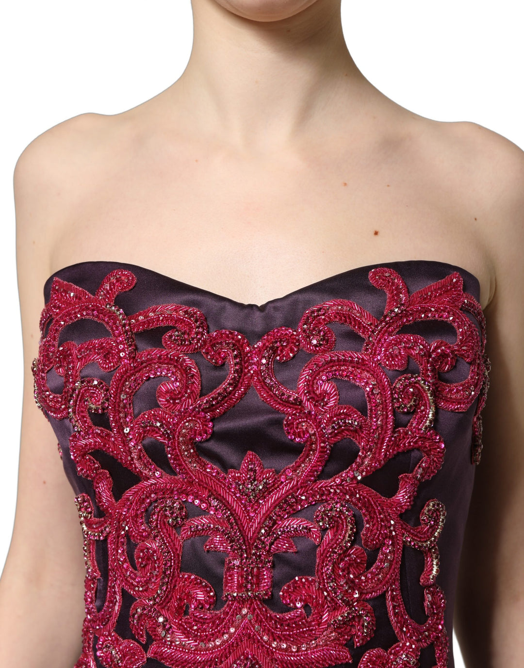 Dolce &amp; Gabbana Purple Silk Crystal Strapless Floor Length Gown Dress