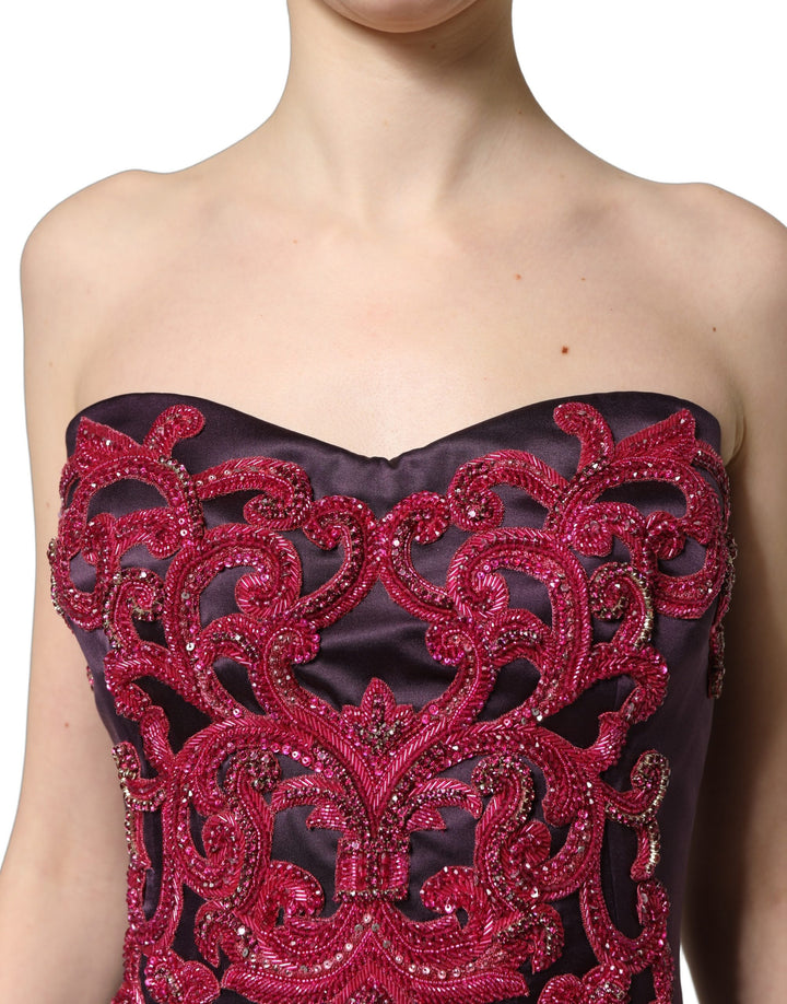 Dolce &amp; Gabbana Purple Silk Crystal Strapless Floor Length Gown Dress