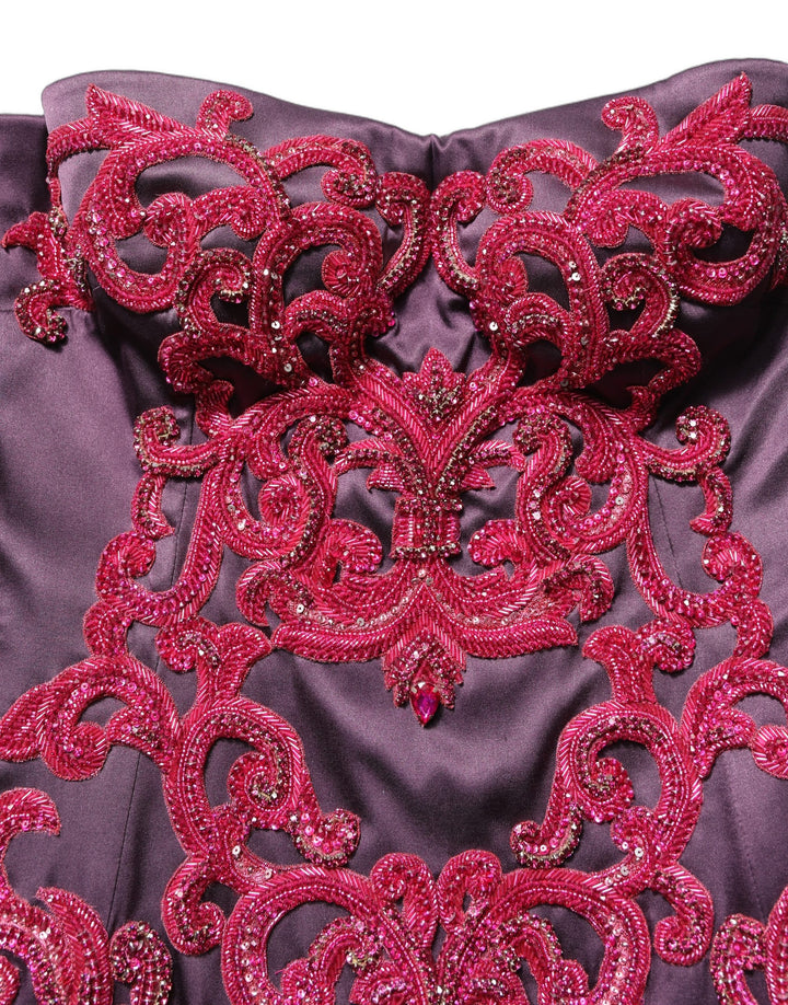 Dolce &amp; Gabbana Purple Silk Crystal Strapless Floor Length Gown Dress