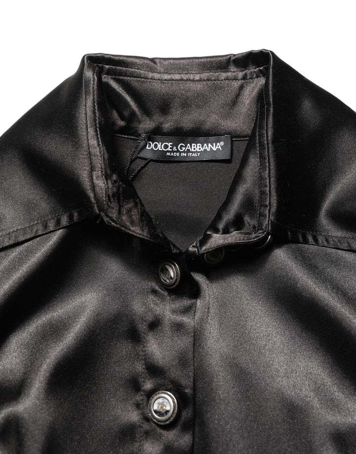 Dolce &amp; Gabbana Black Satin Long Puff Sleeves Pleated Dress