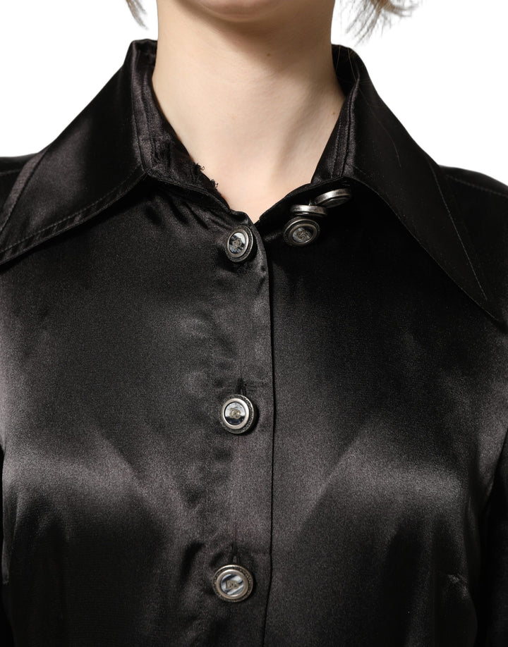 Dolce &amp; Gabbana Black Satin Long Puff Sleeves Pleated Dress