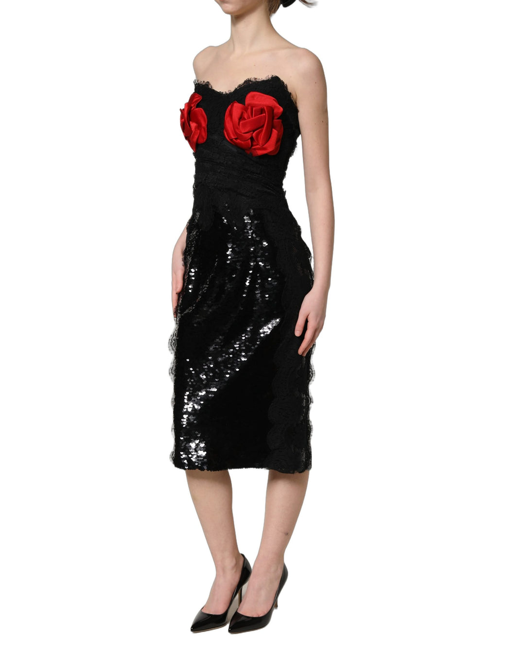 Dolce &amp; Gabbana Black Strapless Red Rose Sequined Midi Dress