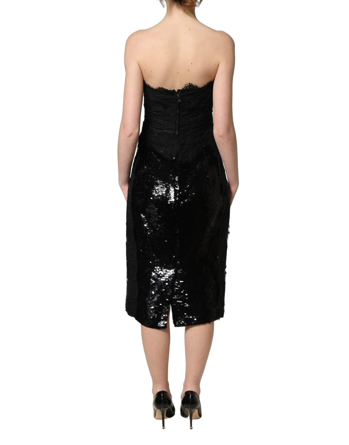 Dolce &amp; Gabbana Black Strapless Red Rose Sequined Midi Dress