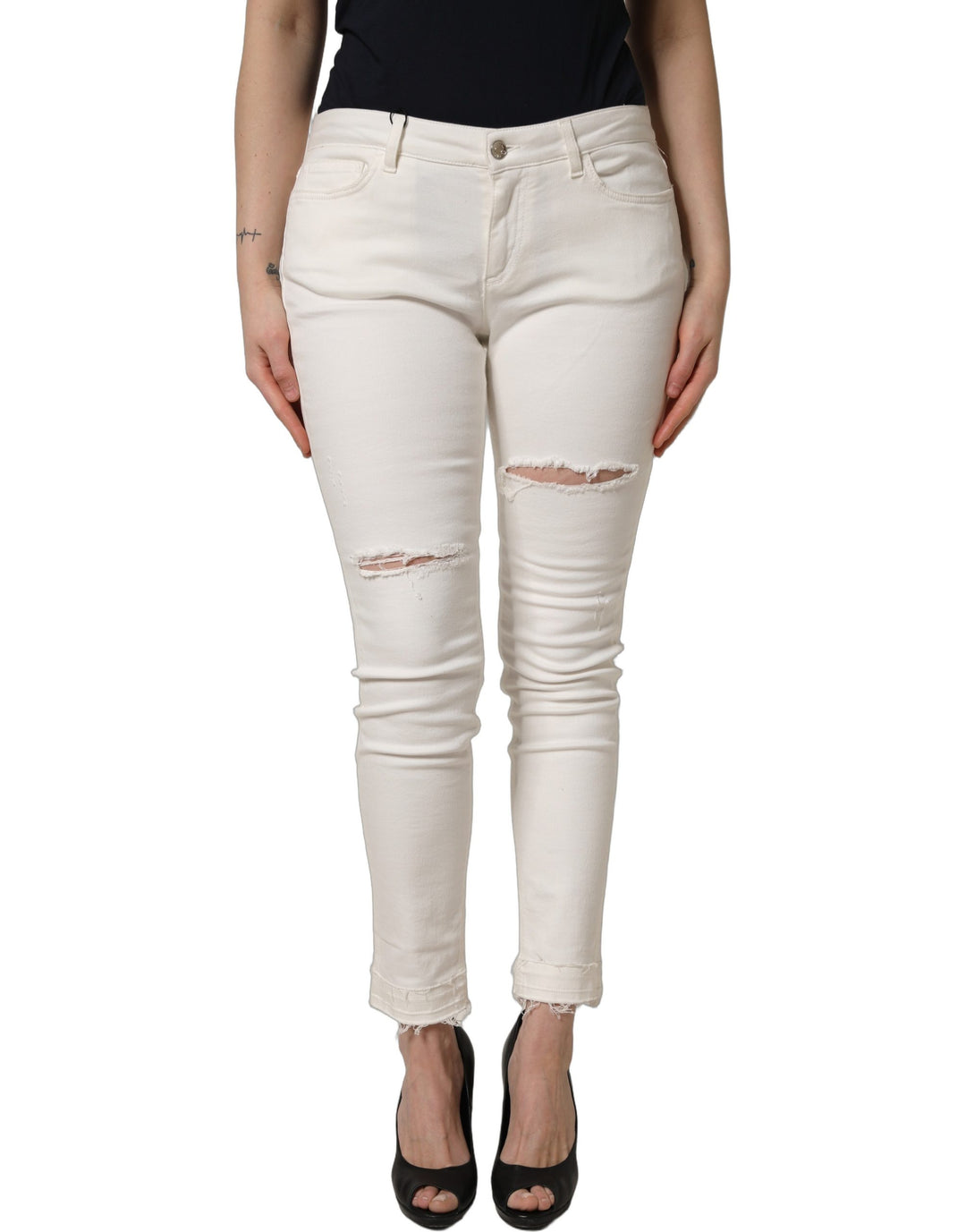 Dolce &amp; Gabbana White Tattered Skinny Cotton Denim Jeans