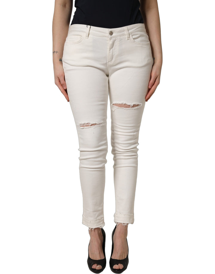 Dolce &amp; Gabbana White Tattered Skinny Cotton Denim Jeans