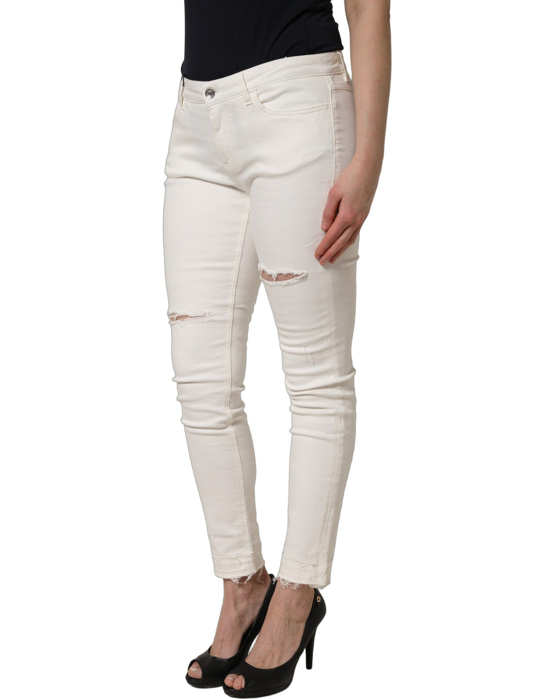 Dolce &amp; Gabbana White Tattered Skinny Cotton Denim Jeans