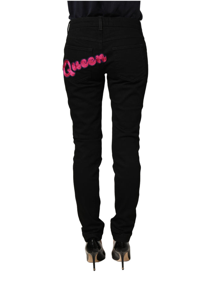Dolce &amp; Gabbana Black Queen Embroidery PRETTY Denim Jeans