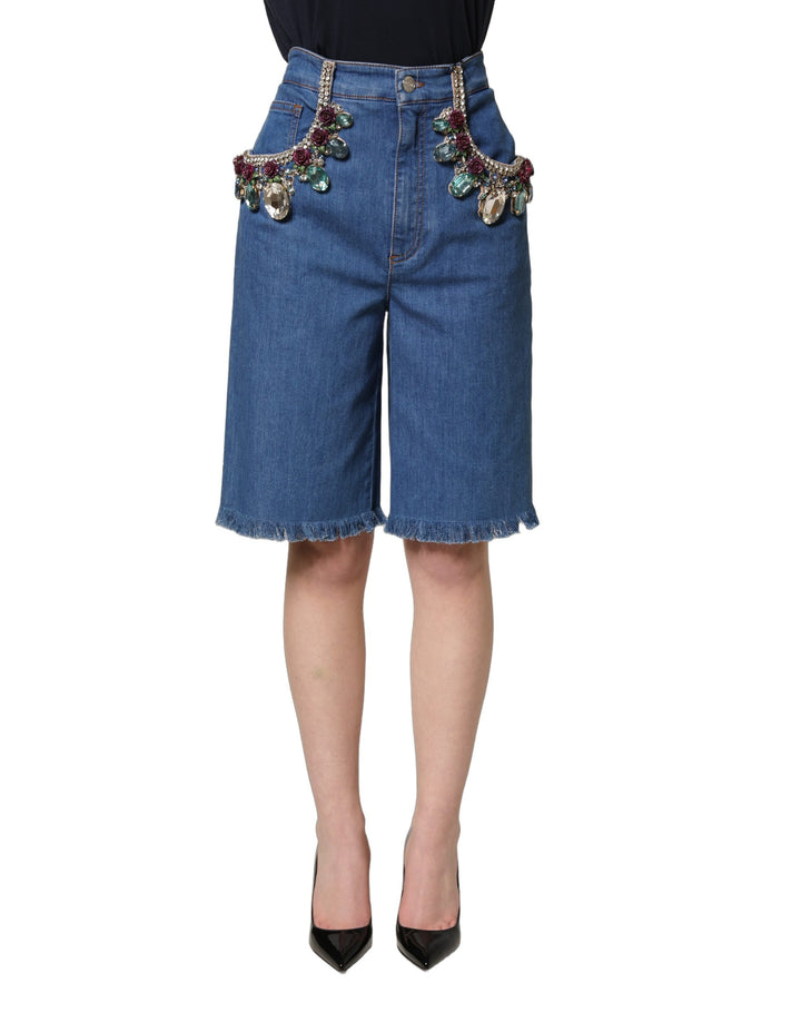 Dolce &amp; Gabbana Blue Cotton Embellished BermudaDenim Shorts