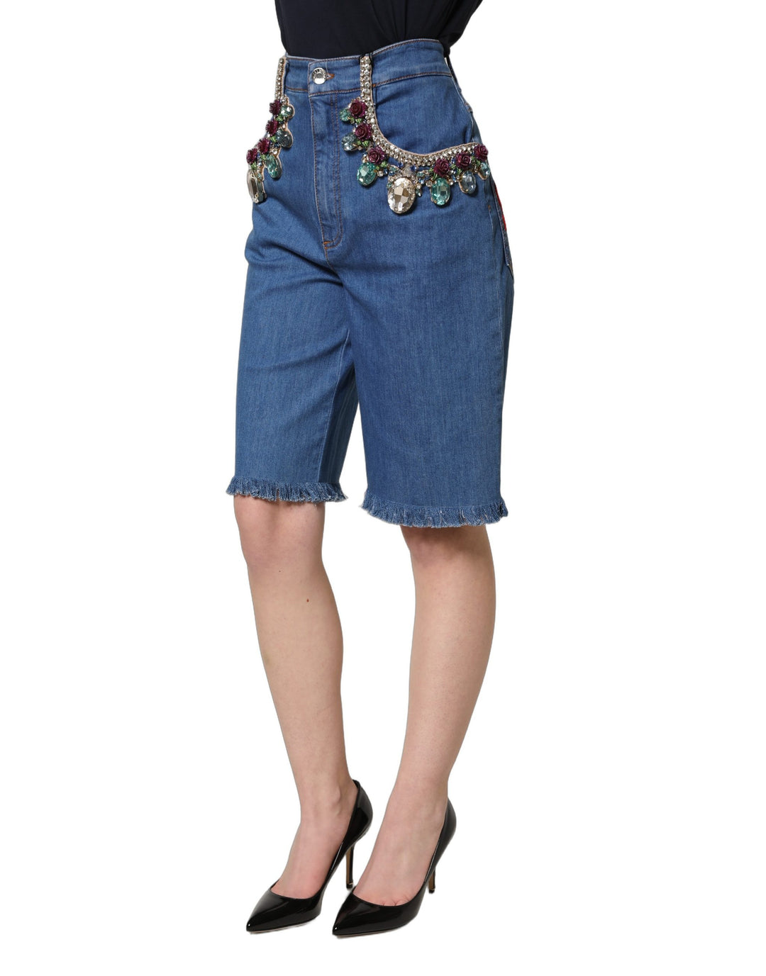 Dolce &amp; Gabbana Blue Cotton Embellished BermudaDenim Shorts