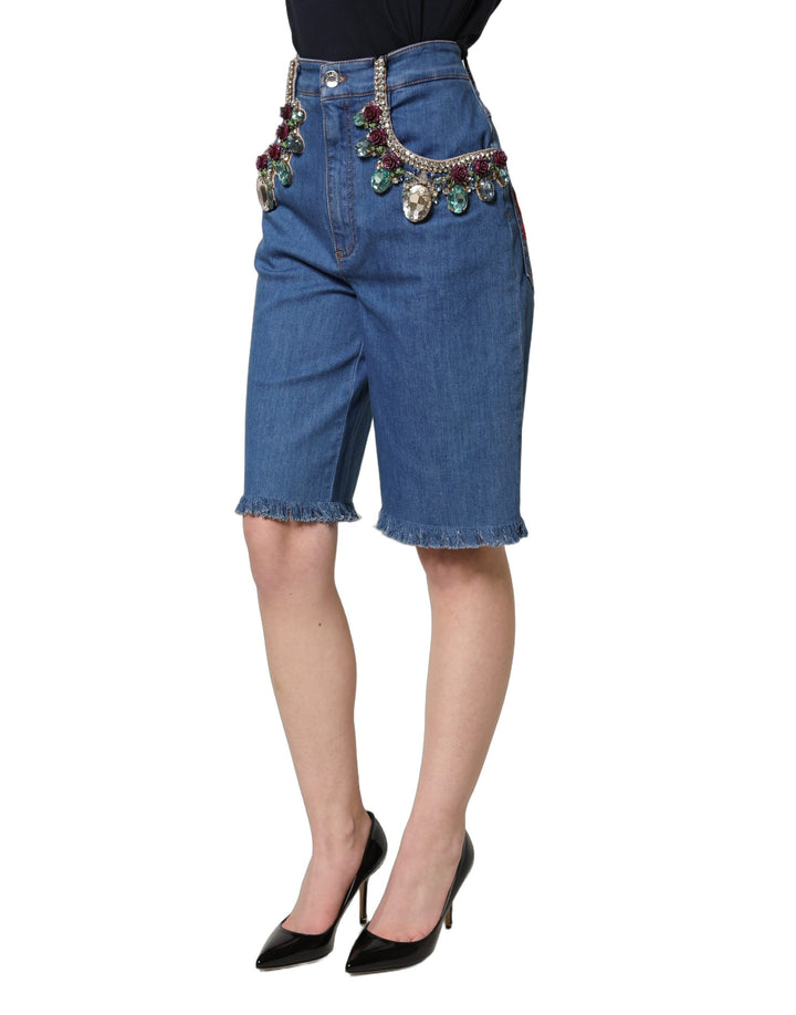 Dolce &amp; Gabbana Blue Cotton Embellished BermudaDenim Shorts