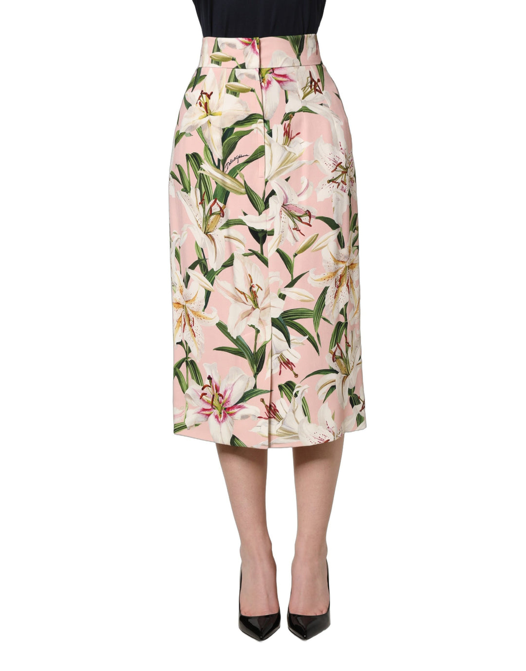 Dolce &amp; Gabbana Pink Lilium Print High Waist Pencil Skirt