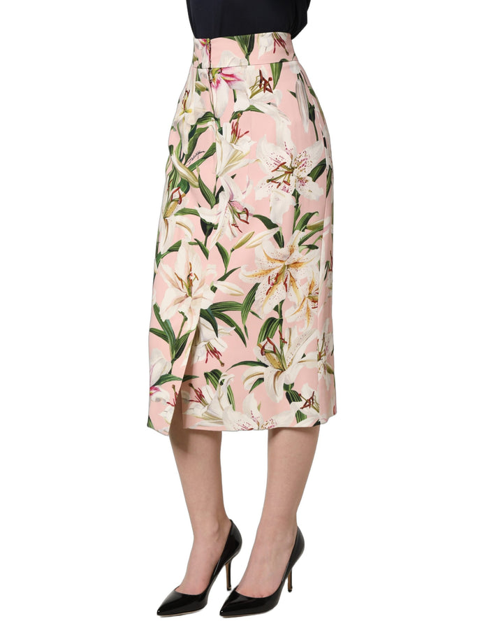 Dolce &amp; Gabbana Pink Lilium Print High Waist Pencil Skirt