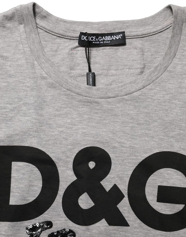Dolce &amp; Gabbana Gray Cotton Logo Printed Crew Neck T-shirt