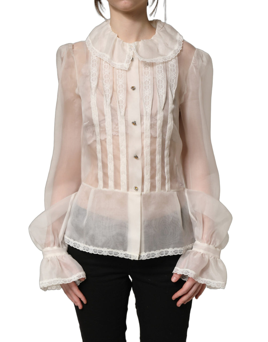Dolce &amp; Gabbana White Ruffled Sheer Silk Buttoned Blouse Top