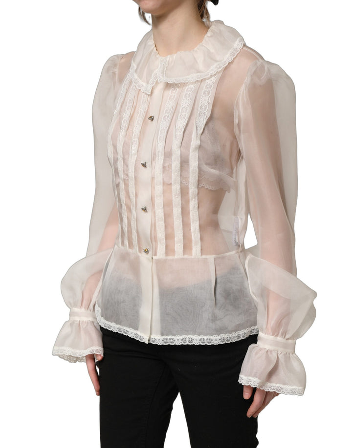 Dolce &amp; Gabbana White Ruffled Sheer Silk Buttoned Blouse Top
