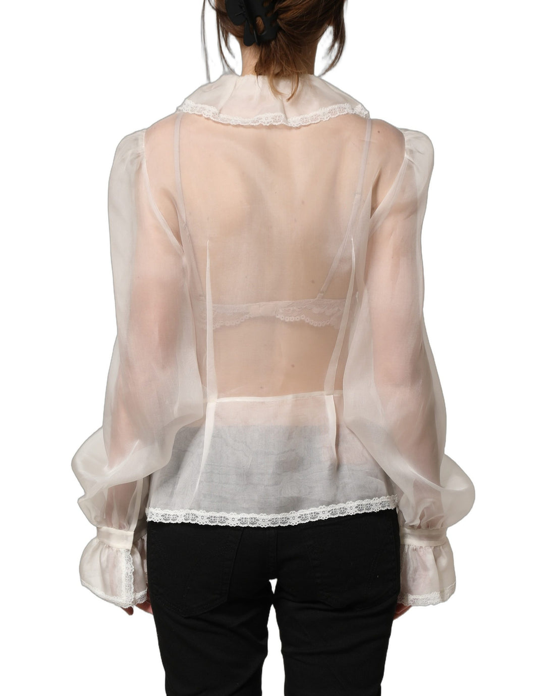Dolce &amp; Gabbana White Ruffled Sheer Silk Buttoned Blouse Top