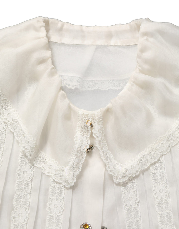 Dolce &amp; Gabbana White Ruffled Sheer Silk Buttoned Blouse Top