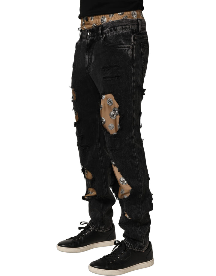 Dolce &amp; Gabbana Black Distressed Cotton Straight Denim Jeans
