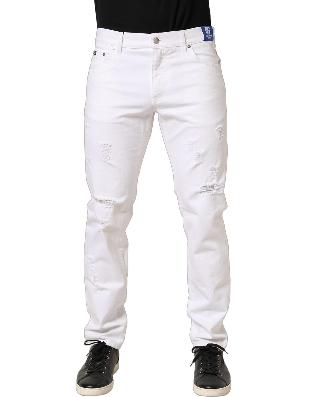 Dolce &amp; Gabbana White Cotton Ripped Slim Fit Men Denim Jeans