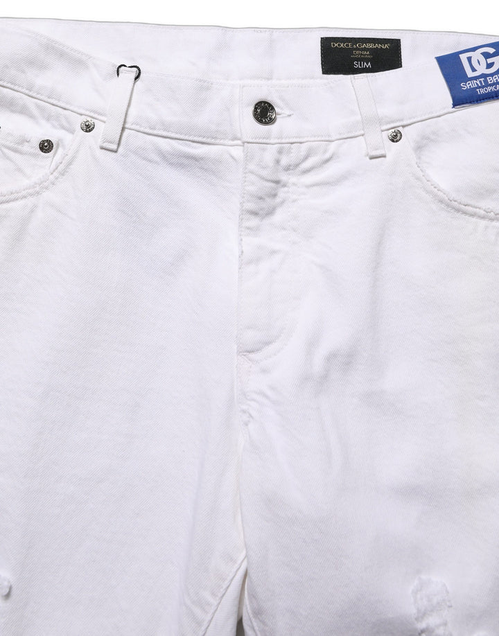 Dolce &amp; Gabbana White Cotton Ripped Slim Fit Men Denim Jeans