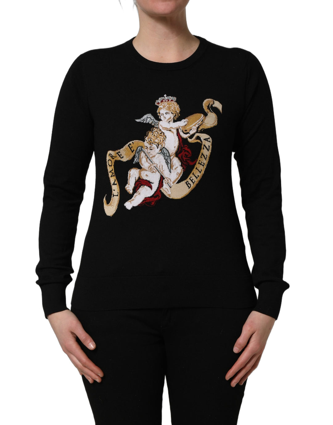 Dolce &amp; Gabbana Black Angels Wool Crew Neck Pullover Sweater
