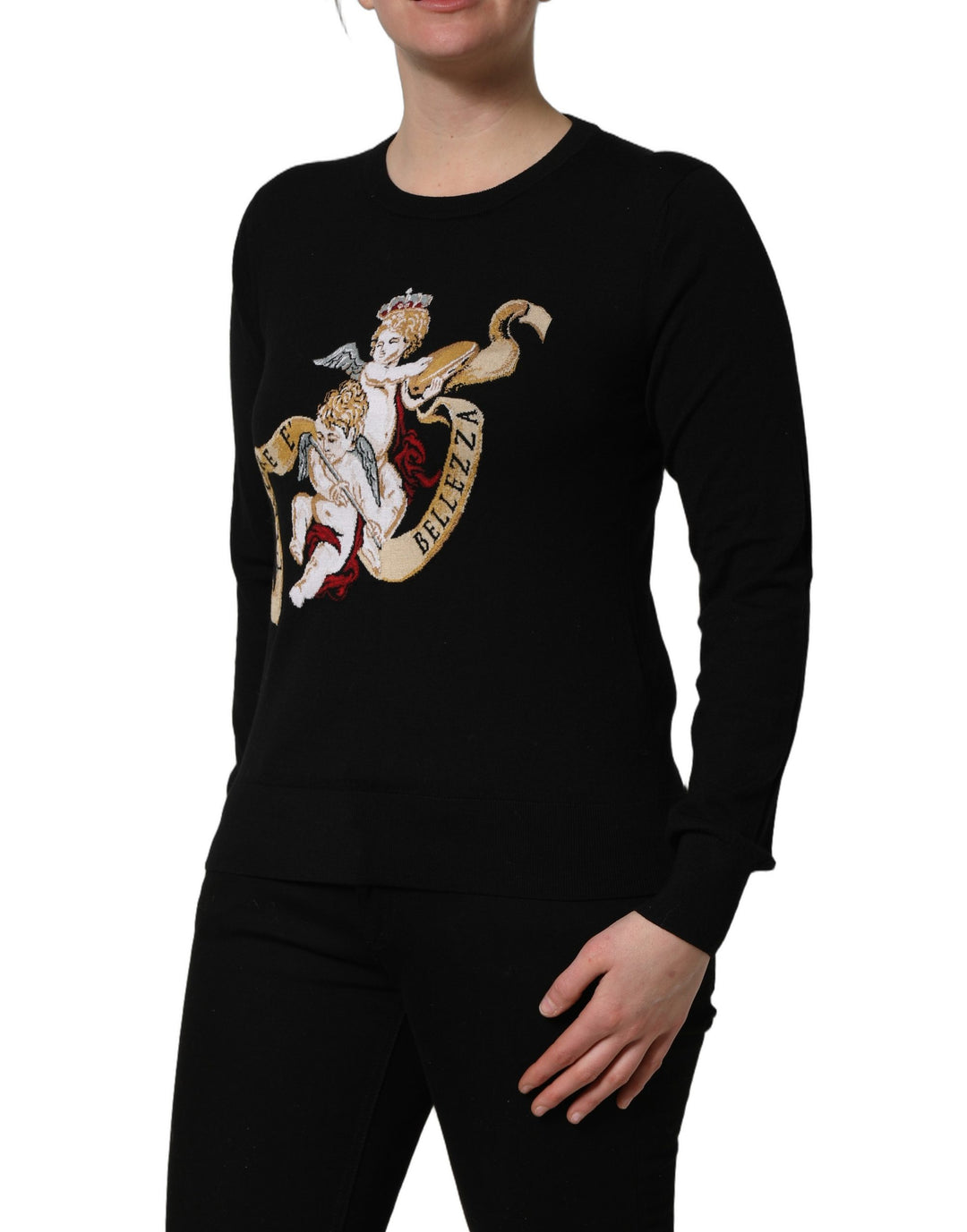 Dolce &amp; Gabbana Black Angels Wool Crew Neck Pullover Sweater