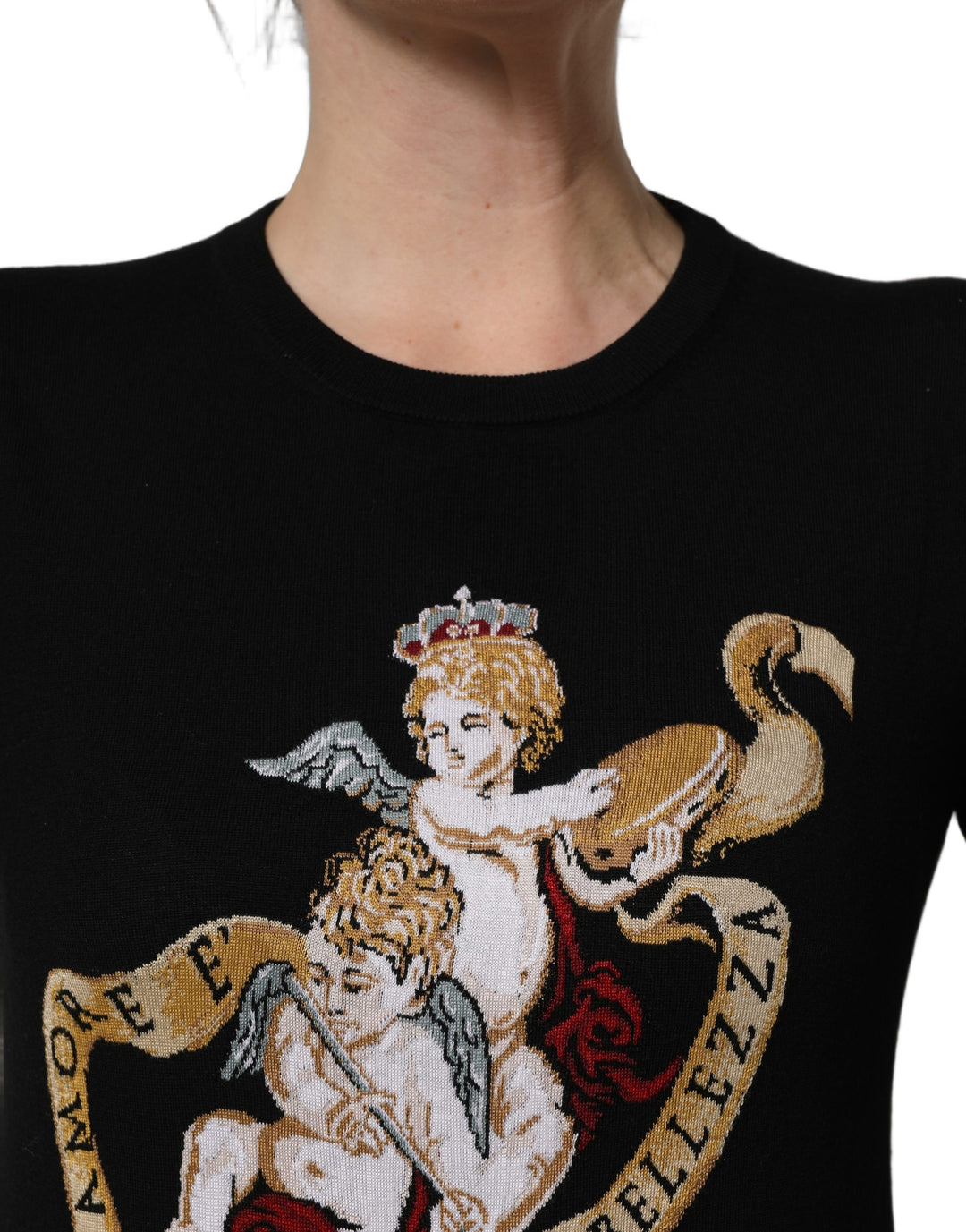 Dolce &amp; Gabbana Black Angels Wool Crew Neck Pullover Sweater