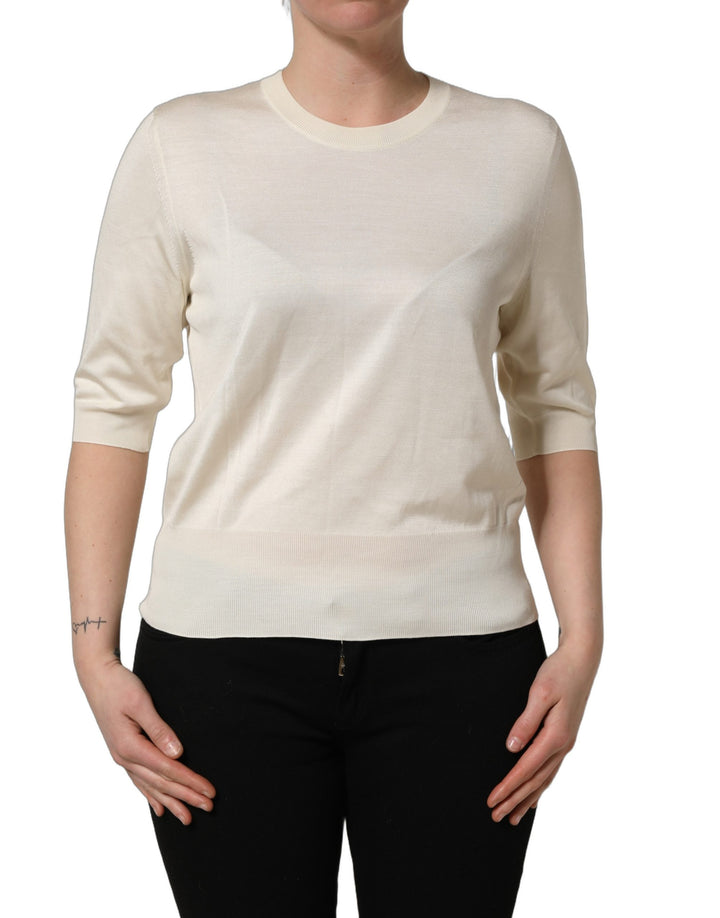 Dolce &amp; Gabbana Off White 3/4 Sleeves Crewneck Pullover Sweater