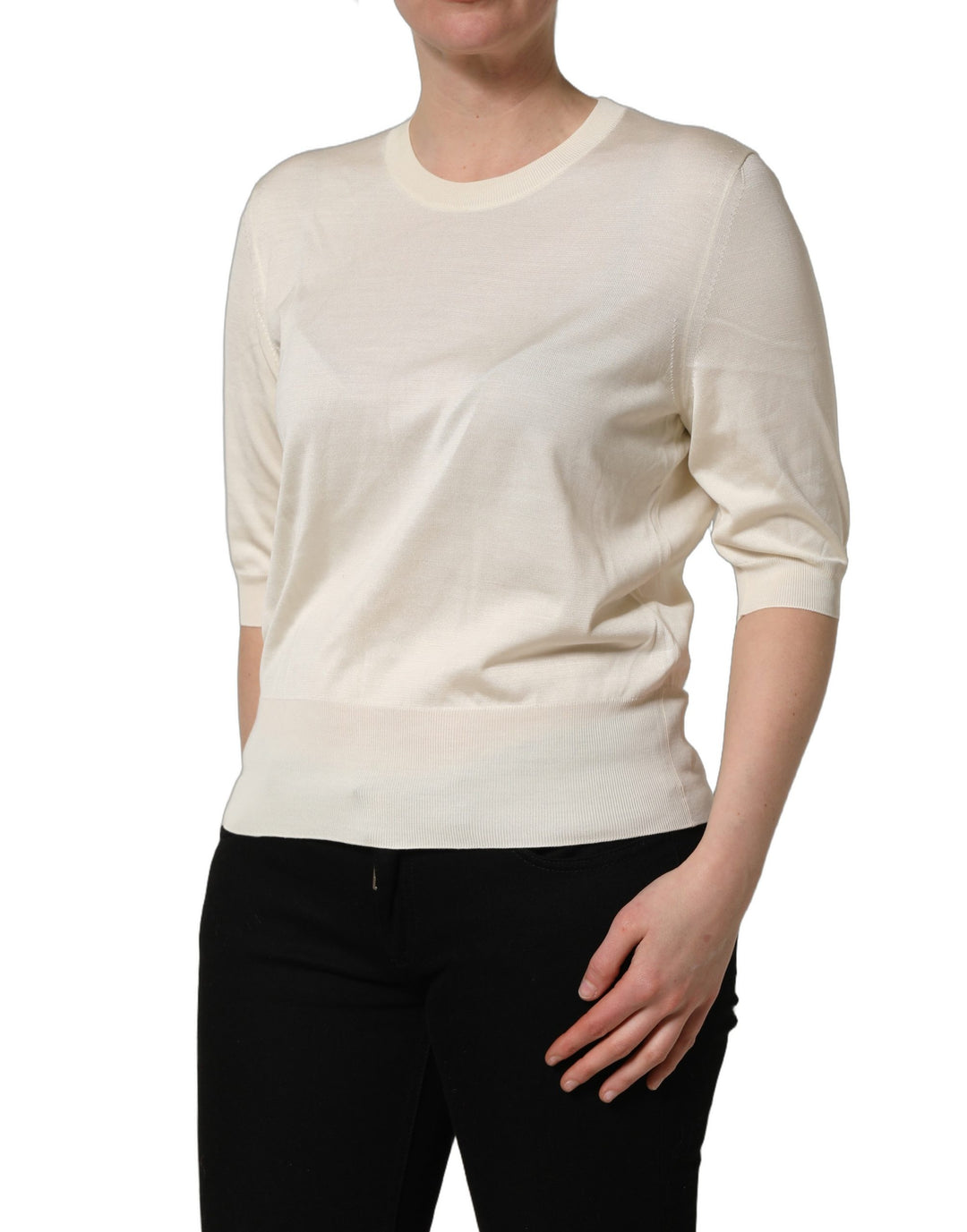 Dolce &amp; Gabbana Off White 3/4 Sleeves Crewneck Pullover Sweater