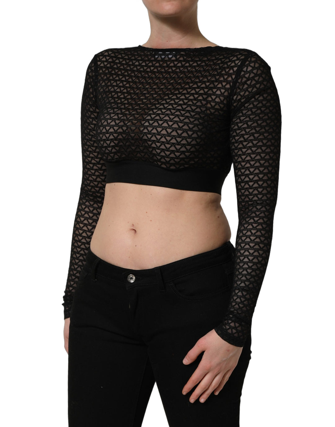 Dolce &amp; Gabbana Black Nylon Fishnet Long Sleeve Cropped Top