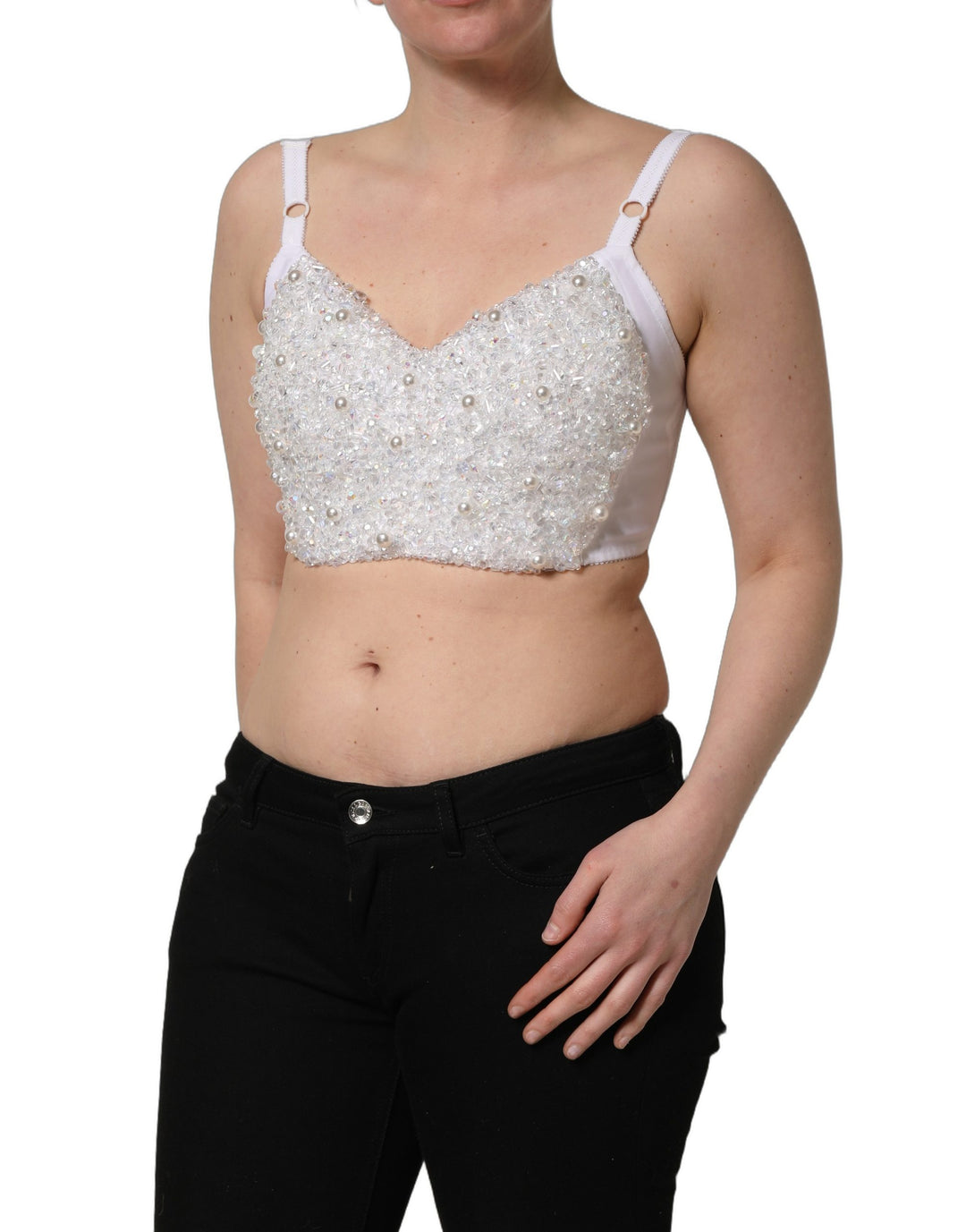 Dolce &amp; Gabbana White Pearls Beaded Corset Bustier Crop Top