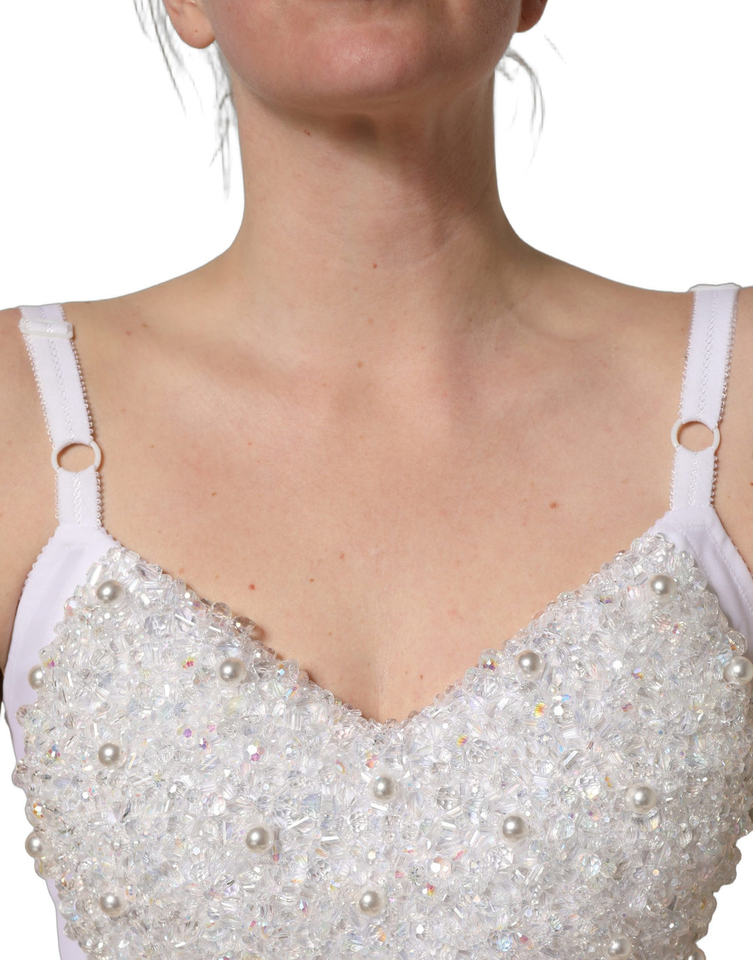 Dolce &amp; Gabbana White Pearls Beaded Corset Bustier Crop Top