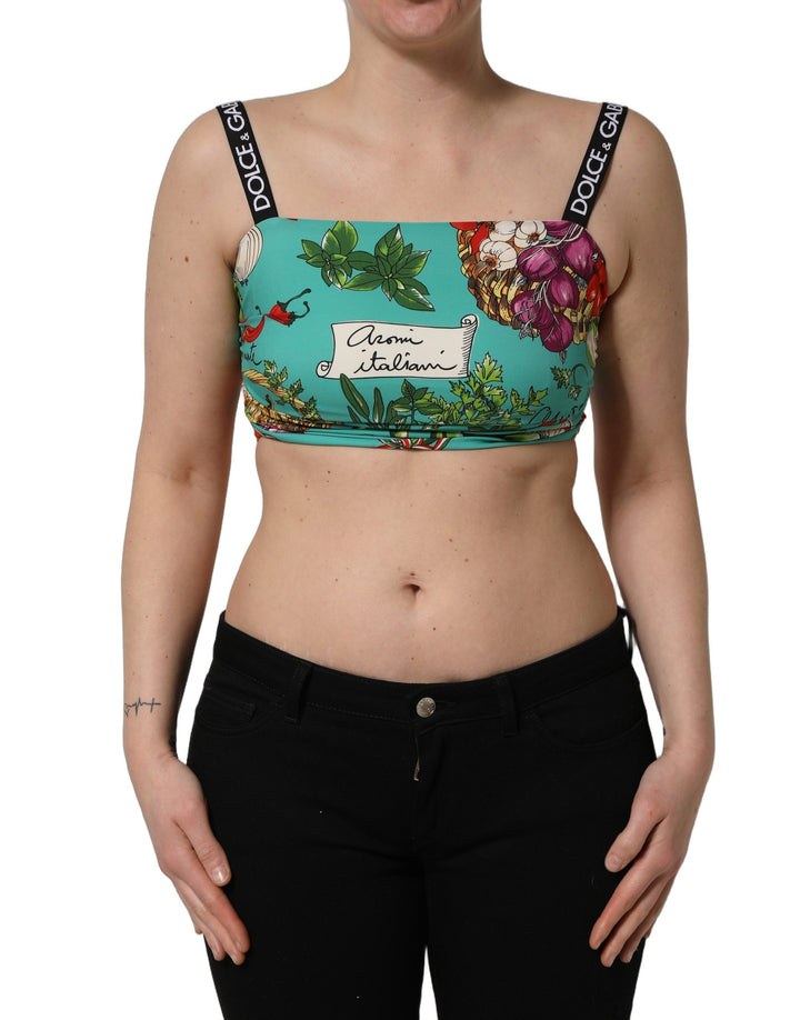 Dolce &amp; Gabbana Turquoise Vegetable Print Silk Crop Tank Top