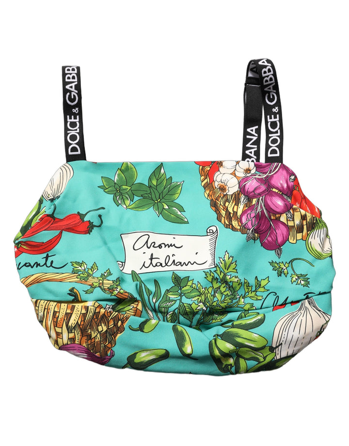 Dolce &amp; Gabbana Turquoise Vegetable Print Silk Crop Tank Top