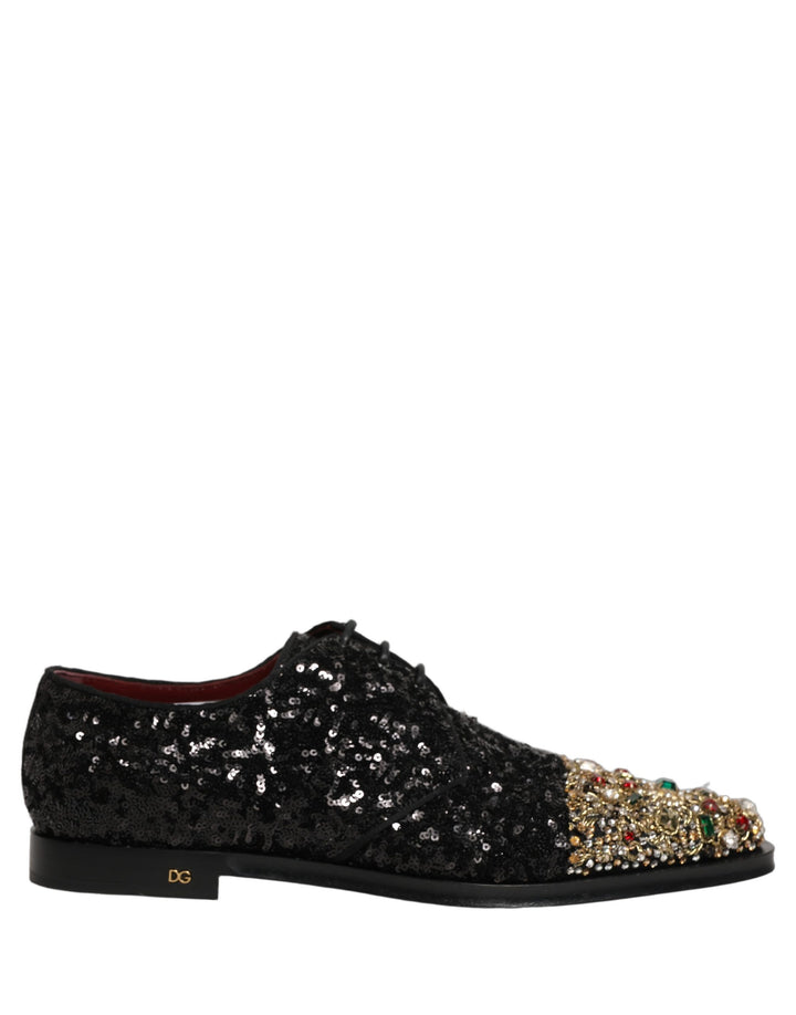 Dolce &amp; Gabbana Black Sequin Embellished Men Derby Dress Shoes