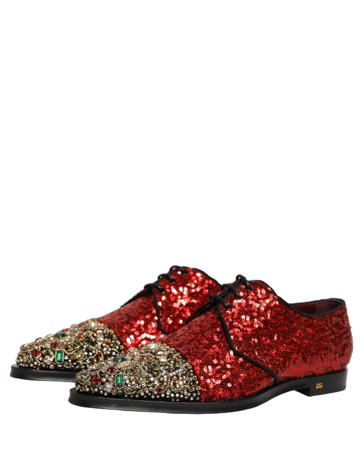 Dolce &amp; Gabbana Red Sequin Embellished Men Derby Dress Shoes
