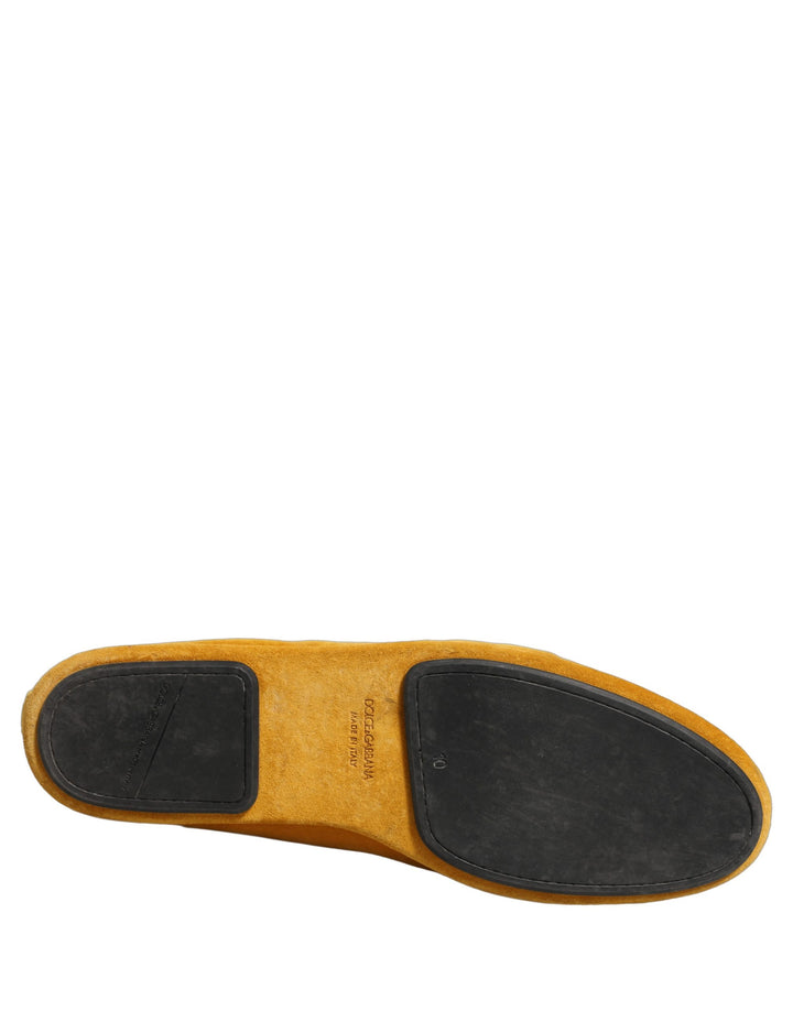 Dolce &amp; Gabbana Yellow Velvet Crown Embroidery Loafers Shoes