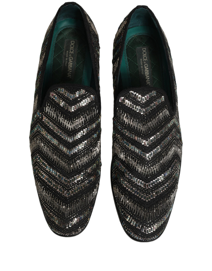 Dolce &amp; Gabbana Black Silver Embellished Slip On Loafers Shoes