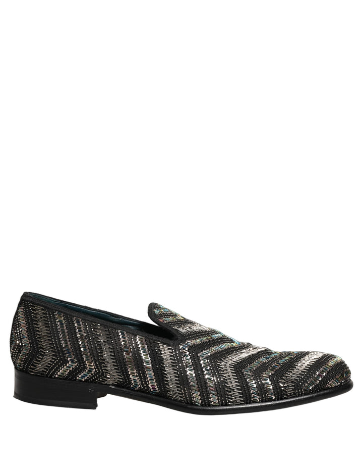 Dolce &amp; Gabbana Black Silver Embellished Slip On Loafers Shoes
