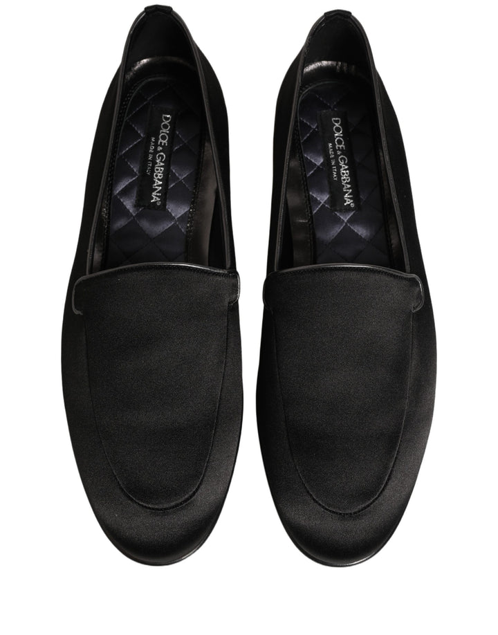 Dolce &amp; Gabbana Black Satin Logo Slip On Flats Loafers Shoes
