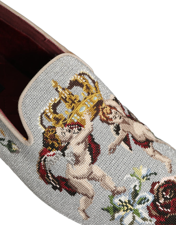 Dolce &amp; Gabbana Gray Crown Rose Angel Embroidery Loafer Shoes