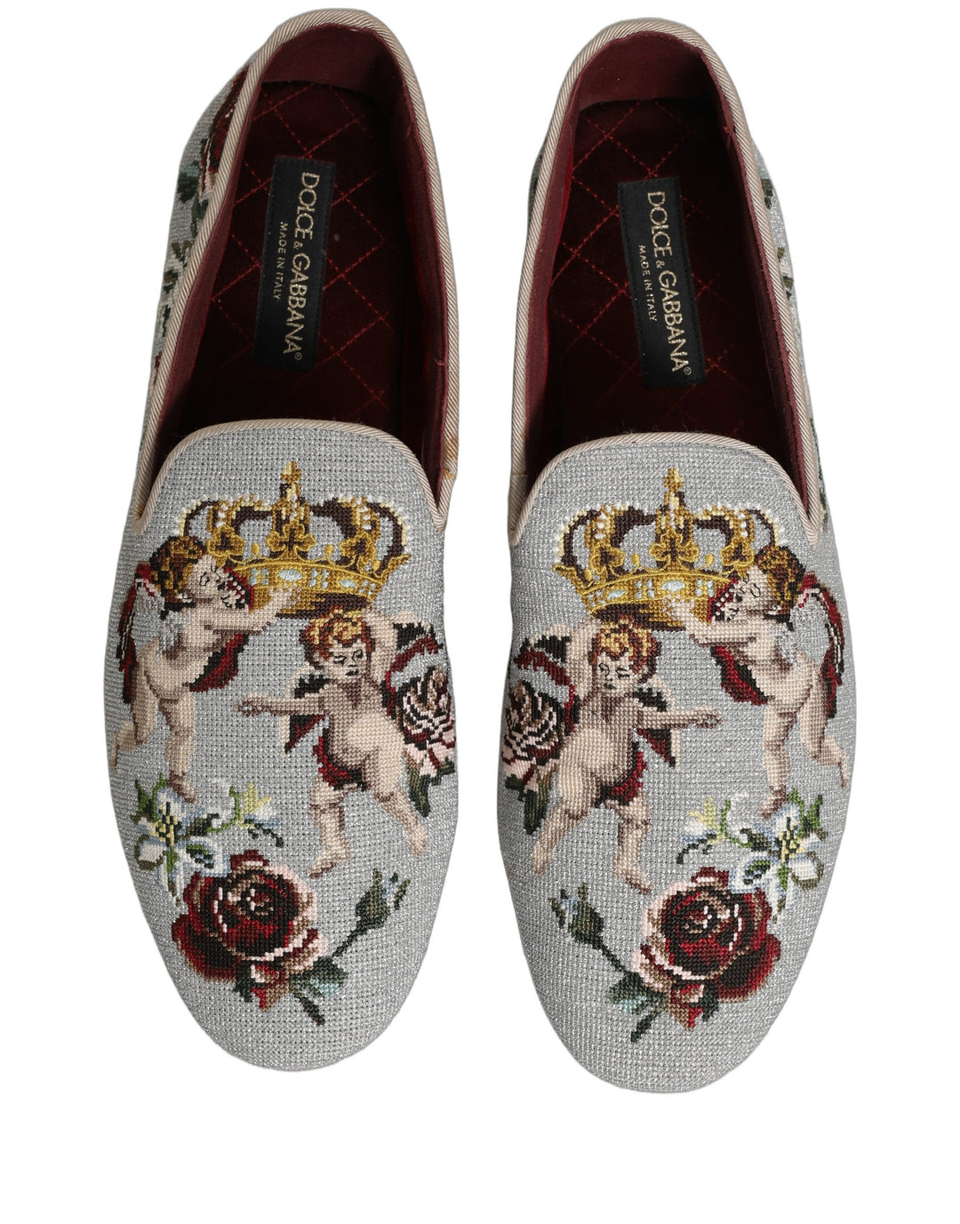 Dolce &amp; Gabbana Gray Crown Rose Angel Embroidery Loafer Shoes
