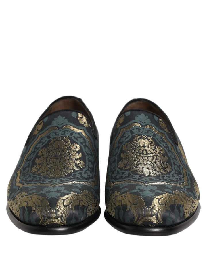 Dolce &amp; Gabbana Black Floral Brocade Slip On Loafers Shoes